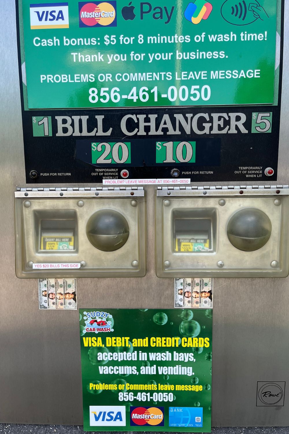 Sudzy bill changer accepting $1, $5, $10, and $20 bills with tap-to-pay