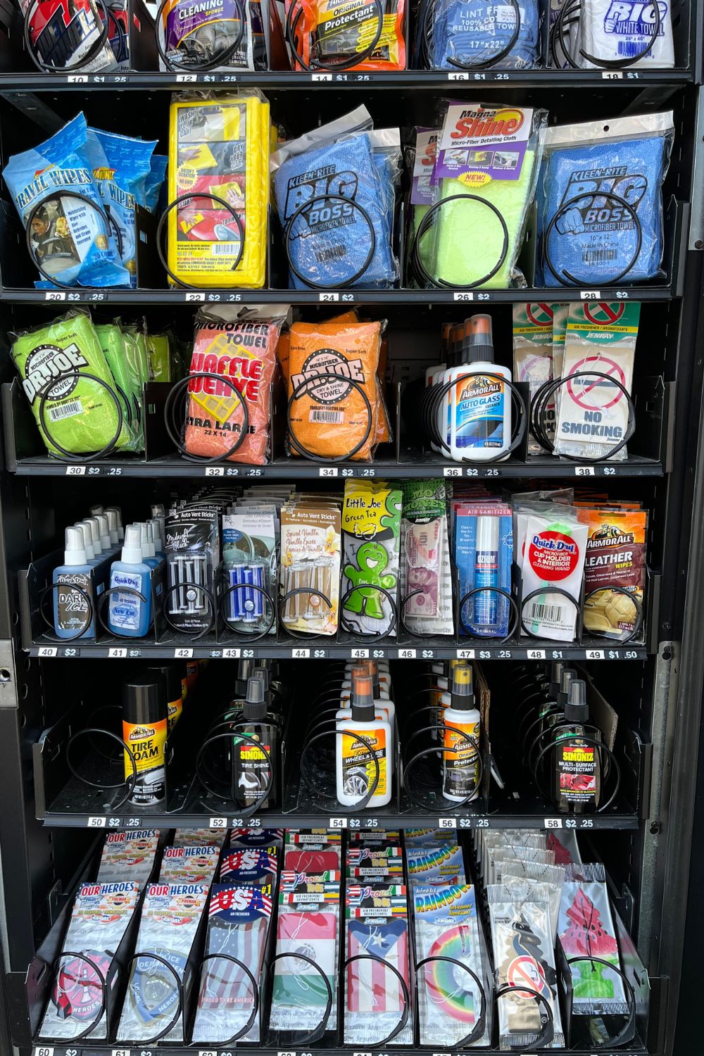 Sudzy vending machine stocked with microfiber towels, Armor All, air fresheners and detailing products