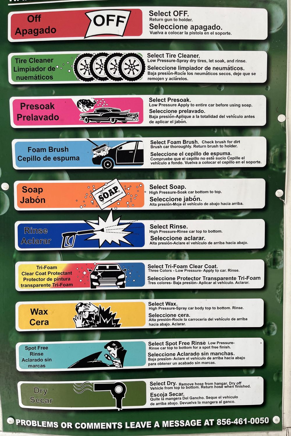 Sudzy wash cycle chart with 10 settings in English and Spanish